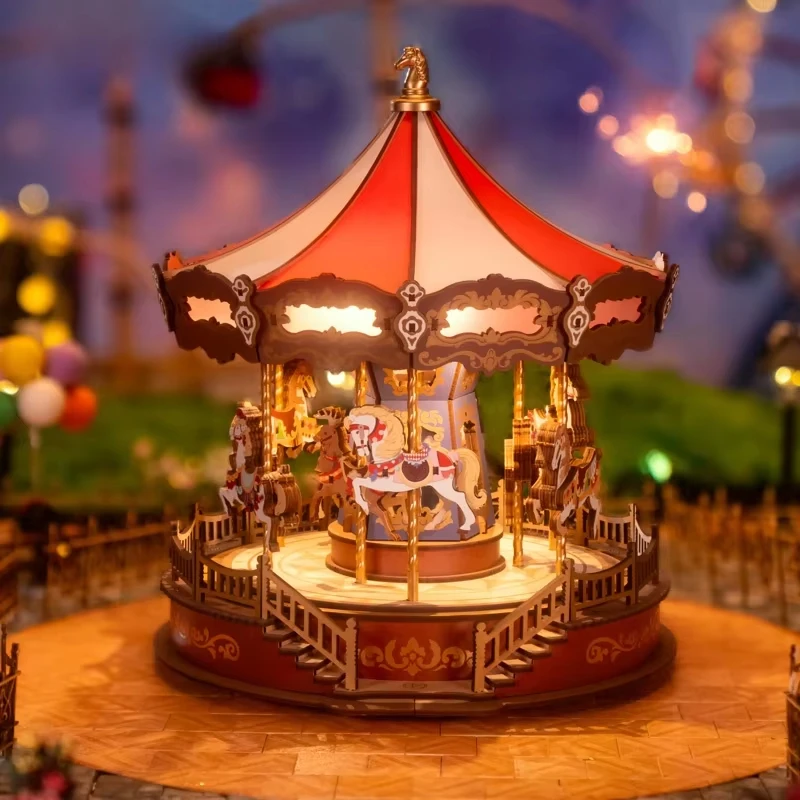 

DIY Wooden Carousel Music Box 3D Puzzle LED Lights Gear Model Handmade Assembly Toy Fun Gift Xmas Kits Children's Gifts