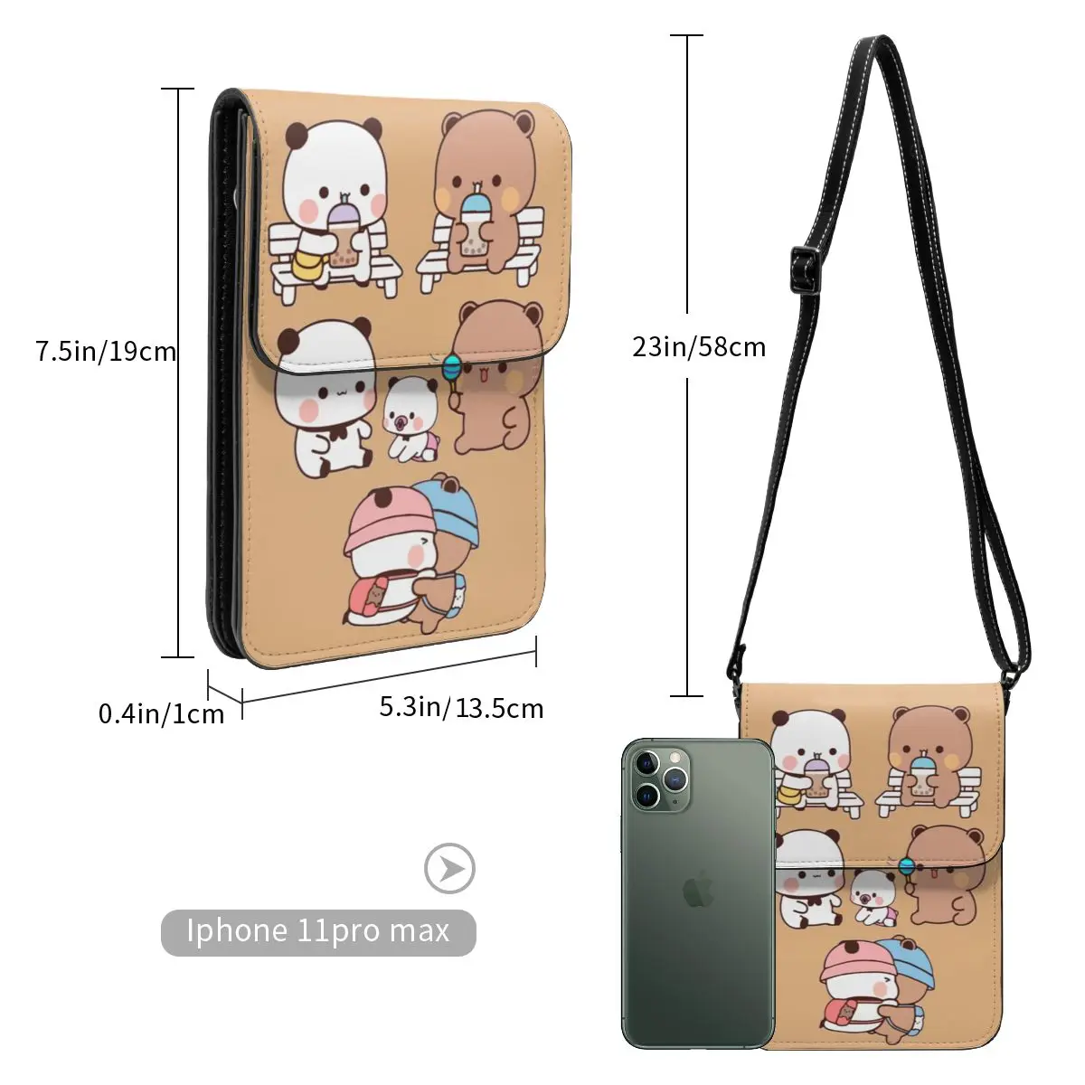 Bubu Dudu Kawaii Small Cell Phone Purse Leather Card Case Stylish Female Cute Bear and Panda Cartoon Mini Shoulder Bag Portable