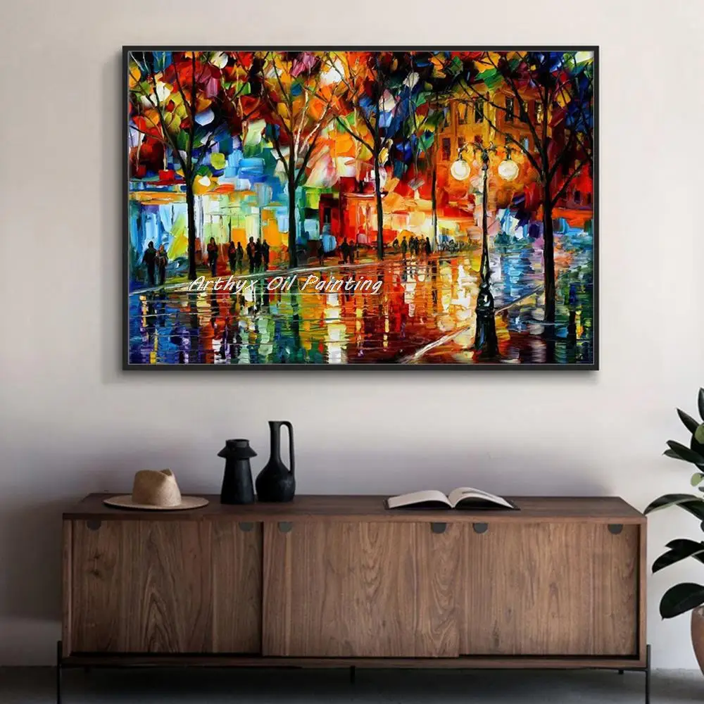 Hand-painted Knife Night Street View Oil Paintings on Canvas,Modern Wall Art Abstract Picture for Living Bedroom,Home Decoration