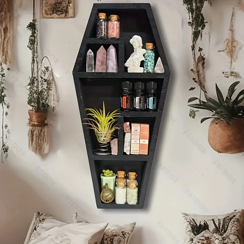 1 Gothic Coffin-Shaped Wooden Storage Rack - Multi-Layer Display Stand，Suitable for Crystal、Plants and Decorations