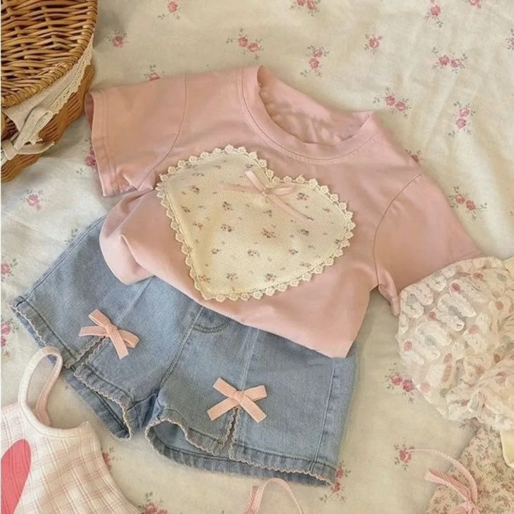 

Розовый летний костюм для девочек, модный 3D бант, розовый короткий рукав + ковбойский короткий комплект из двух предметов, детская одежда, корейская версия