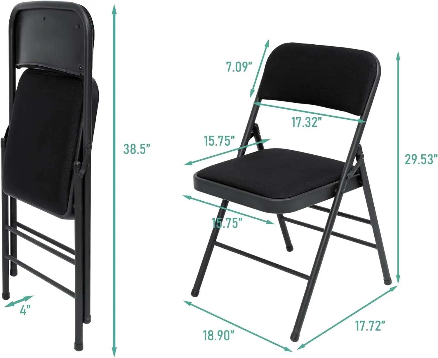 Preto cadeiras dobráveis com tecido acolchoado almofada, portátil Dining Chair Set, interior e exterior cadeira empilhável