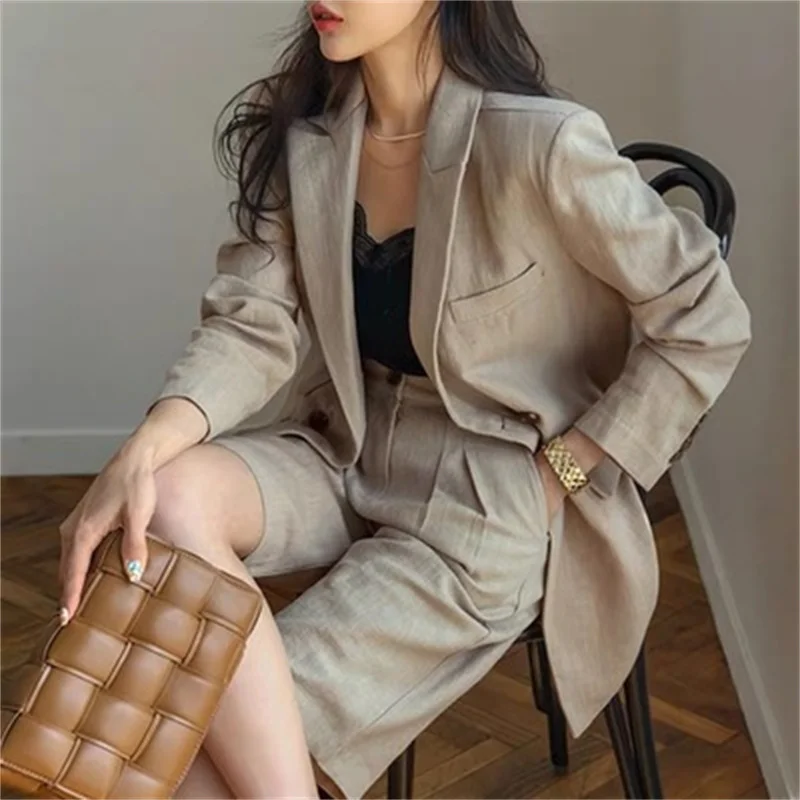 Flax Suit Women\'s Spring Summer 2023 New Casual Thin Cotton  Linen Small Blazers+shorts Two-piece Sets Comfortable Khaki Suits