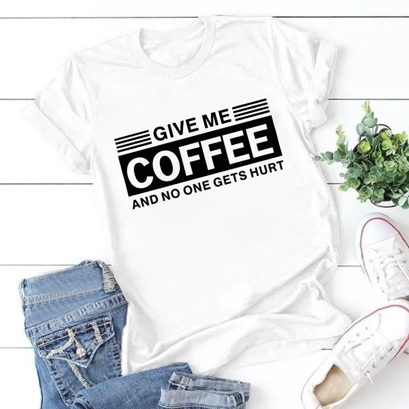 Women Fashion Short Sleeve Tee Shirt Lady Casual Loose New Round Neck T-shirt Top Plus Size Funny \'Give Me Coffee Print T Shirt