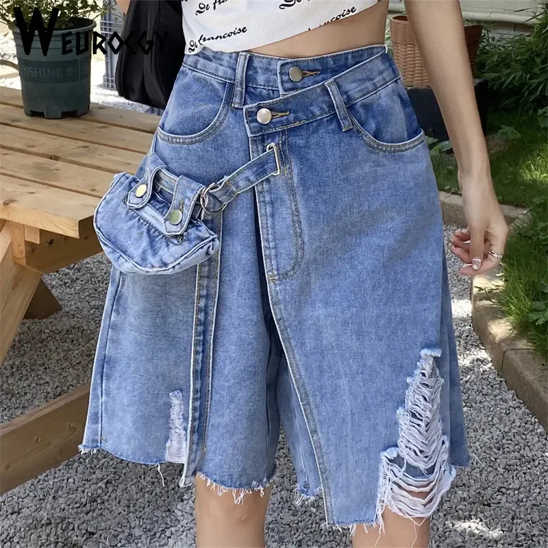 Women Shorts 2023 Summer Sexy Knee-length Denim Design Thin New Arrival Hole Chic Vintage Pockets Fashion All-match Streetwear