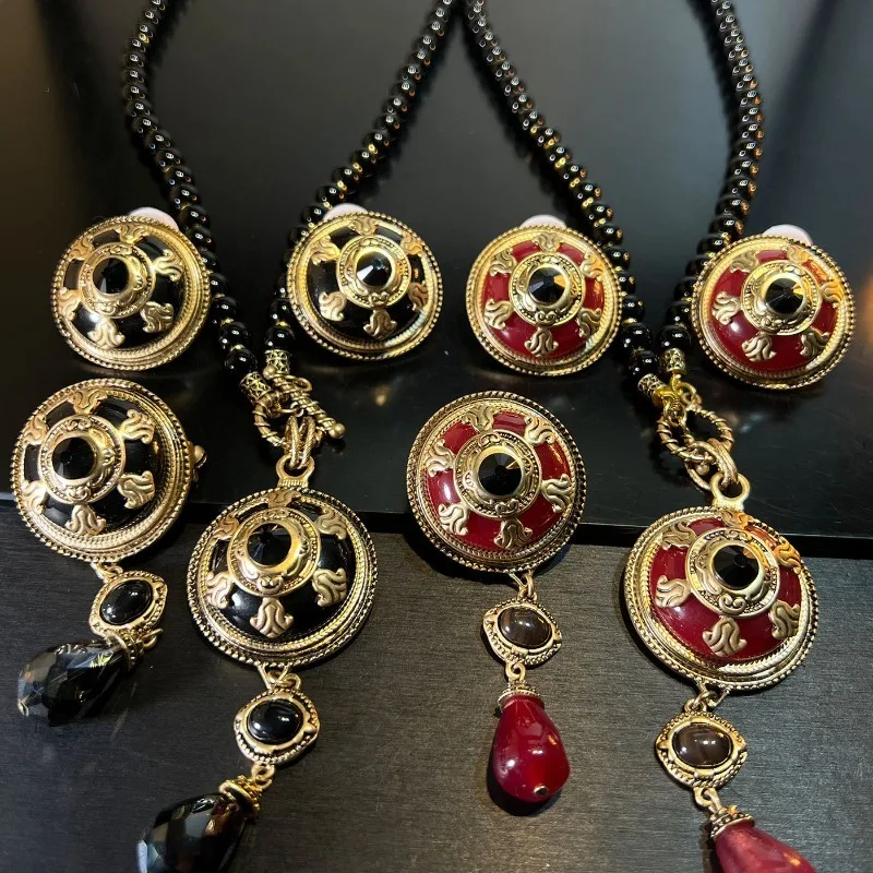 Vintage Medieval Distressed Jewelry Set, Luxury Necklace Brooch Earrings for Women Retro Costume Jewelry