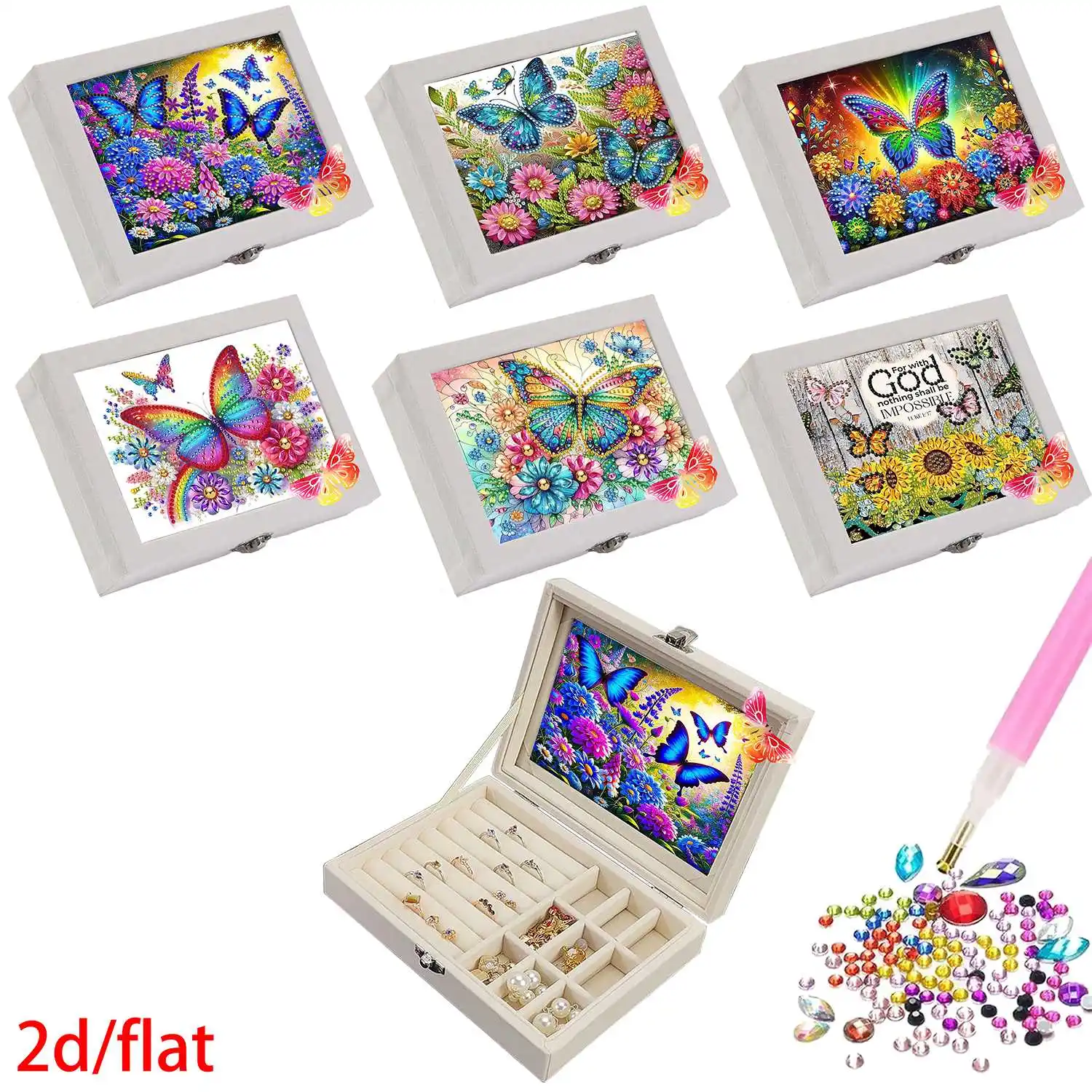 A DIY colored diamond painting jewelry box set, featuring colorful floral and butterfly designs, portable storage box.