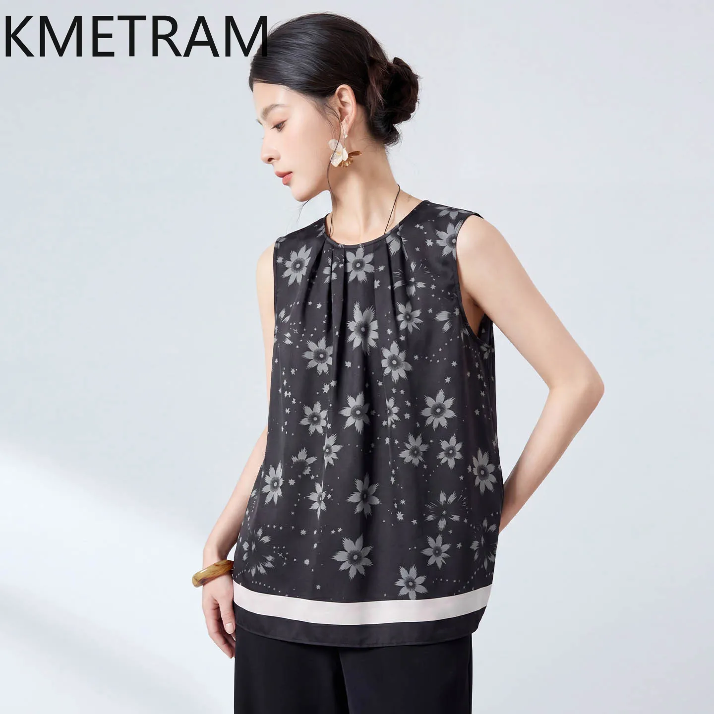 KMETRAM 100% Real Mulberry Silk Women's Tanks Retro Floral Print Vest Pleated Sleeveless Summer Tops for Woman Clothes 2026 топ