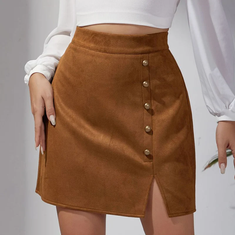 

Американские юбки с металлическими пуговицами, женские осенне-зимние сексуальные тонкие мини-юбки с разрезом, женские юбки из искусственной замши на молнии