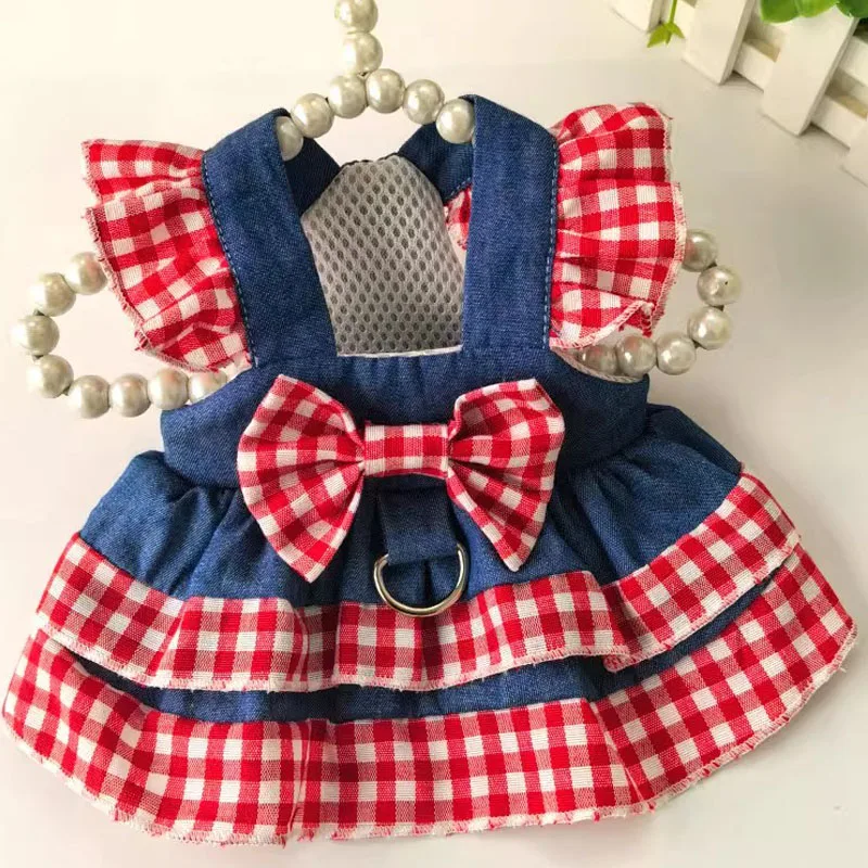 

Denim Dog Dress With Hook Plaid Flying Sleeve Dog Clothes For Small Medium Dogs Chiwawa Poodle Puppy Harness Dresses Cake Skirt