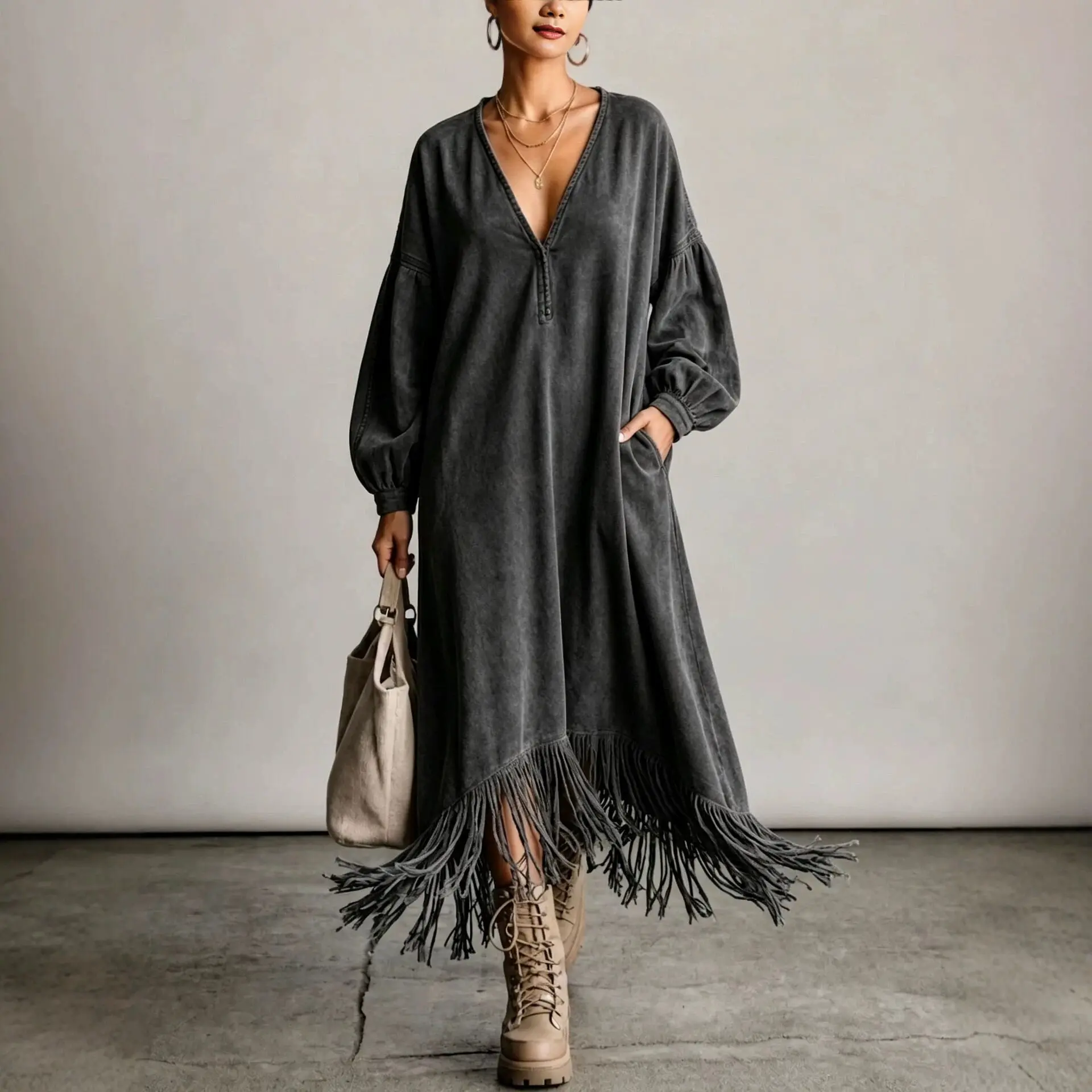 Fashion Retro Solid Suede Tassel Dresses Women Deep V Neck Loose Dress New Spring Fall Lantern Sleeve Maxi Dress with Pocket