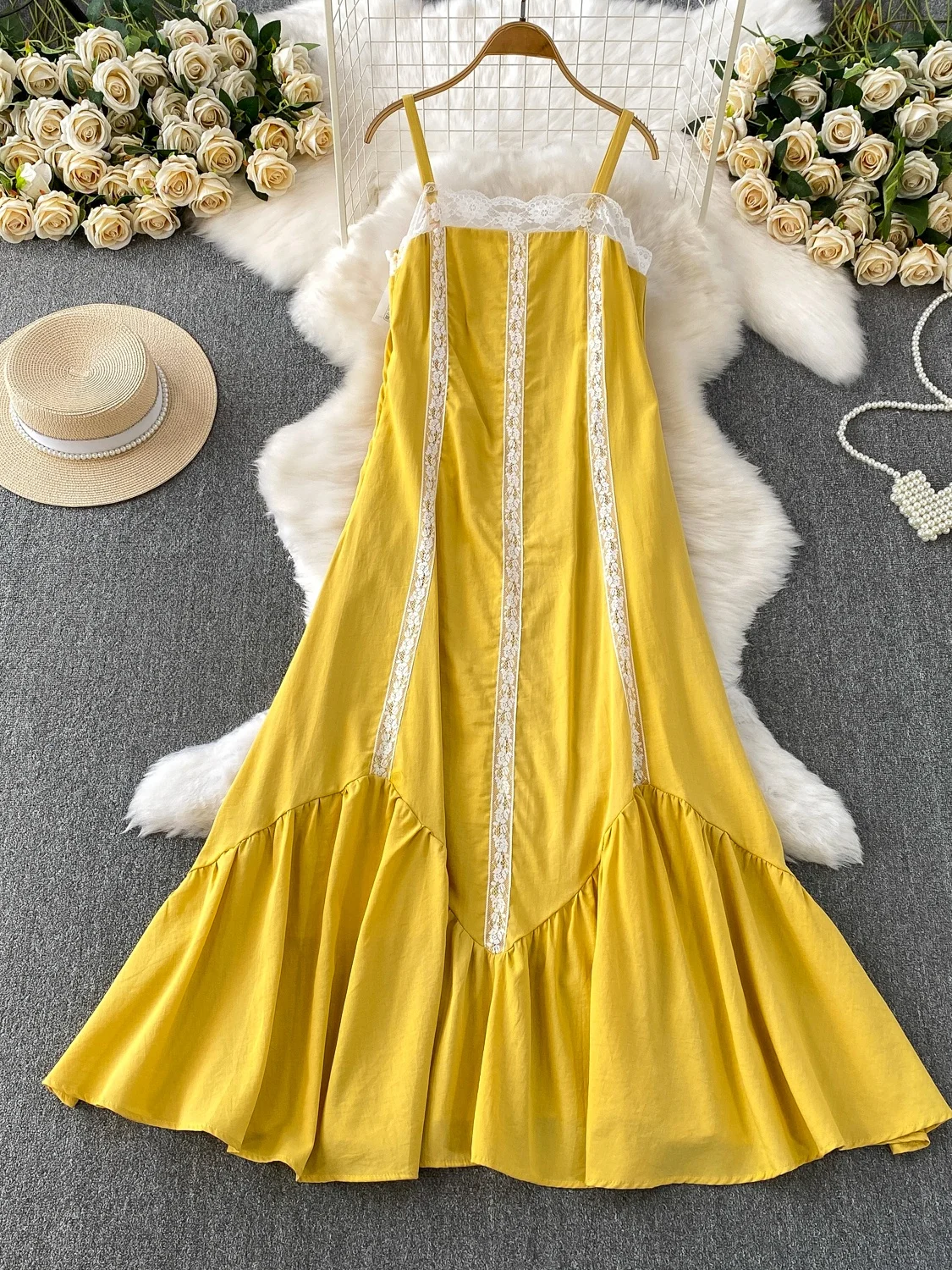 Beach Vaion Sle Langes, mit Spitzen besetztes, sommerliches, süßes Taillen-Maxikleid für Damen, Svel-A-Linien-Kleid mit hoher Taille