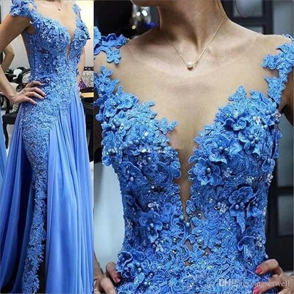 

Blue Lace Appliques Mother of the Bride Dresses Illusion Pearls Beading Formal Godmother Evening Wedding Party Guests Gown Plus