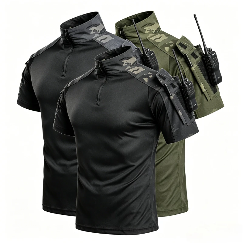 Summer Breathable Quick Dry Mens Tactical Combat Short Sleeve T-Shirts Half Zip Stand Collar Radio Pen Storage Arm Pocket Tee