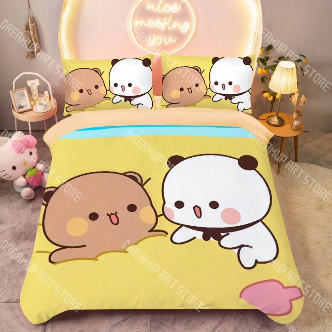 Fotografia 7: Moda bubu dudu dos desenhos animados urso panda conjunto de cama único gêmeo completo queen king size conjunto cama crianças quarto conjunto capa edredão