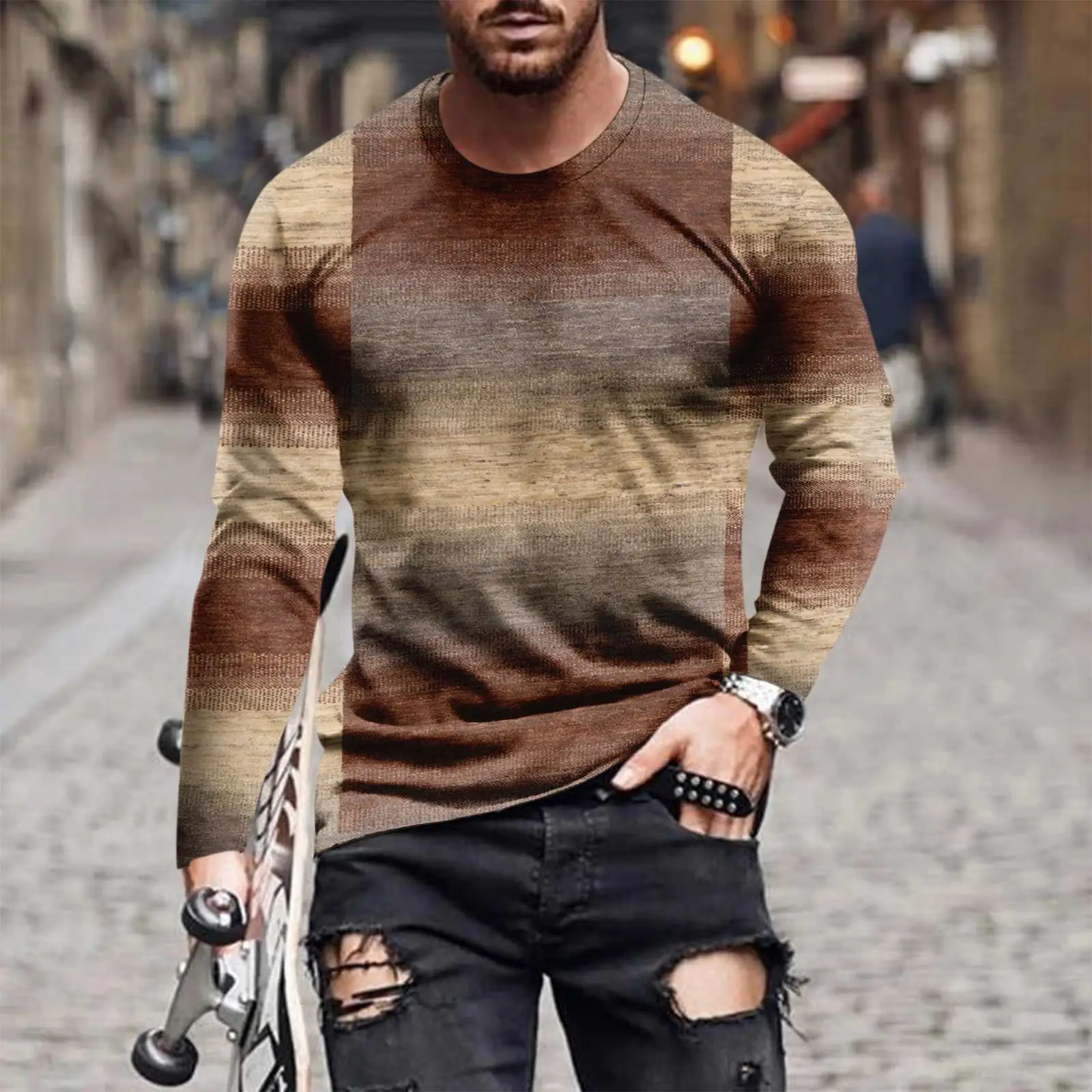 

Осенняя винтажная мужская футболка с 3D принтом и круглым вырезом, повседневные модные футболки большого размера с длинными рукавами, модные топы, трендовая мужская одежда