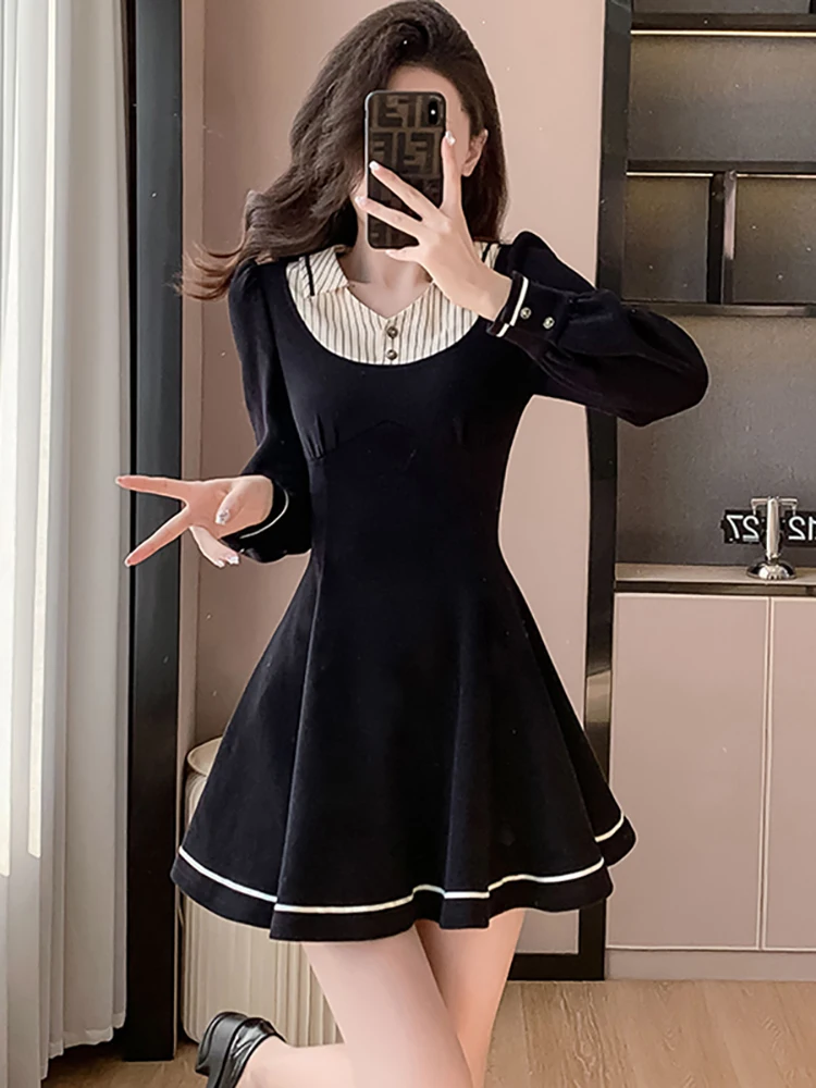 Autumn Winter Black Plus Velvet Short Dress Women Fashion Patchwork Polo Shirt Dress 2024 Korean Vintage Elegant Casual Dresses