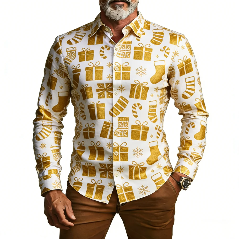 

Men's Funny Christmas Reindeer Snowflake 3D Printed White Shirt Hawaiian Casual Shirt Outdoor Party Clothes Men's New Year's Top