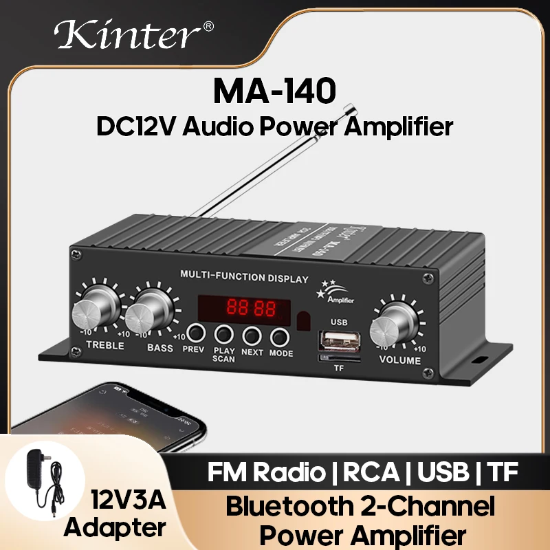 

KINTER Class D Audio Stereo Power Amplifiers 2 Channels Bluetooth Amplifier Board Hi-Fi 12V3A AMP MA-140 with Remote Controls