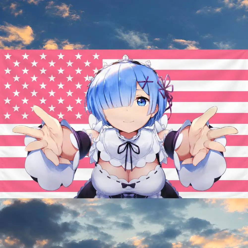Anime Rem ReZero Ram Roswaal Oni Maid Flags Banner Wall Hanging Decor Personality For Party Bedroom Outdoor Hogar Bedside