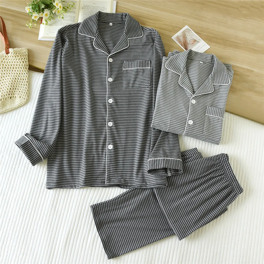 

Men's Loose Striped Pajamas Set Autumn German Fleece Home Clothes Long Sleeve Shirt Pants Sleepwear Nightwear Pajamas Set