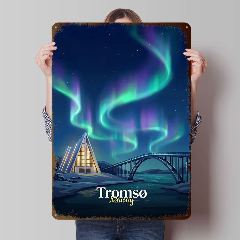 Tromso Norway Aurora Borealis Poster Customized Vintage Metal Signs Wall Art Retro Tin Plaque for Mancave Decoration Room Decor