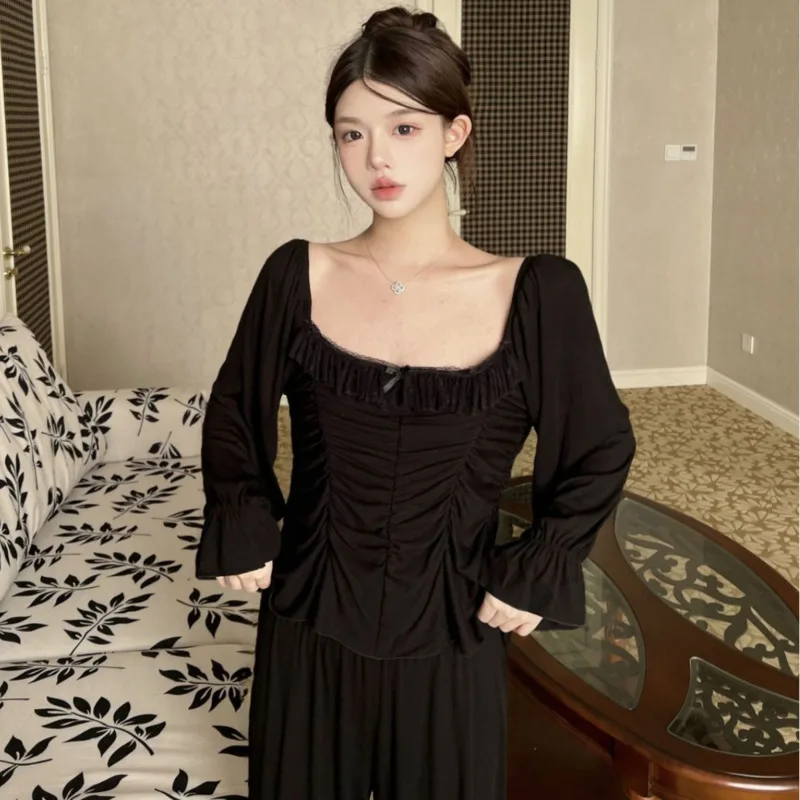 2025 Autumn Winter French Ice Silk Women Two Piece Set Sweet Comfortable Wrinkle  Square Neck Lace Nightgown Sleepwear Homesuit
