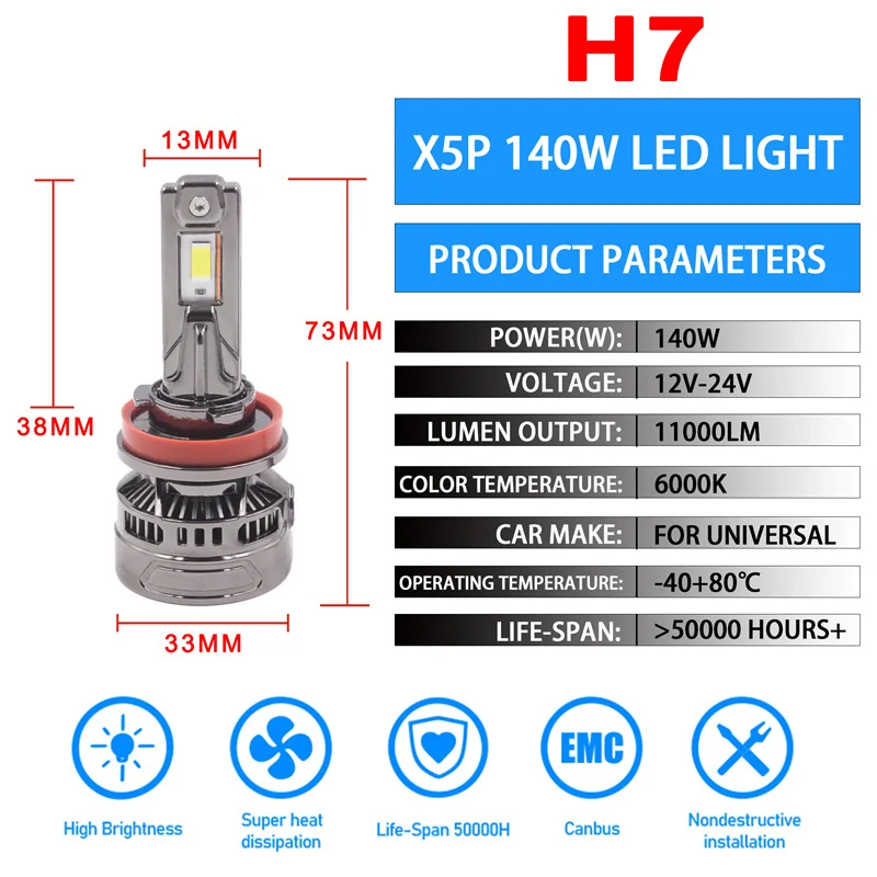 X5p 140 واط عالية الكثافة LED المصابيح الأمامية H11 H7 H8 CSP Canbus متوافق مع H4 H9 H10 9005 9012 أضواء الضباب 12 فولت 24 فولت
