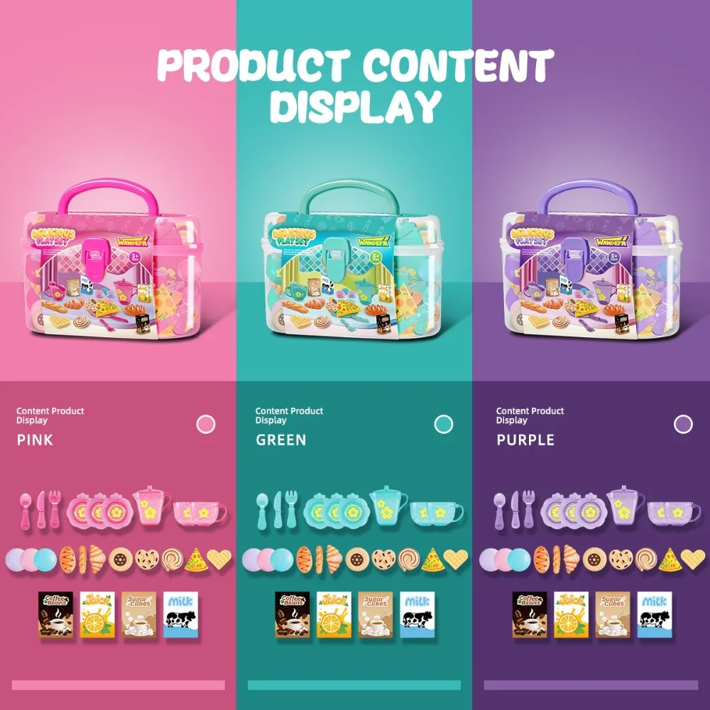 Tea Time Playset ครัวจําลอง Playset พร้อมกล่องเก็บตารางขนมขบเคี้ยวเด็กแกล้งทําเป็นของเล่นทําอาหาร Montessori Interactive