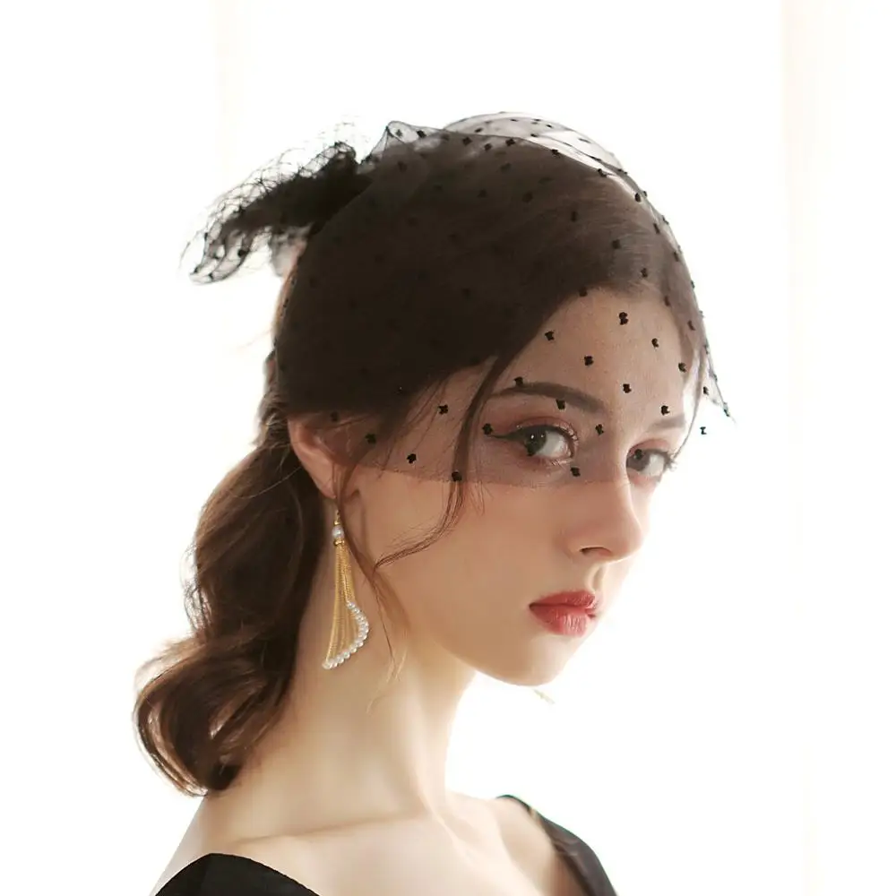 White Black Dot Vintage Wedding Bridal Hair Accessories Bowknot Tulle Birdcage Veil Headpiece Head Veil Mini Wedding Bride Hat