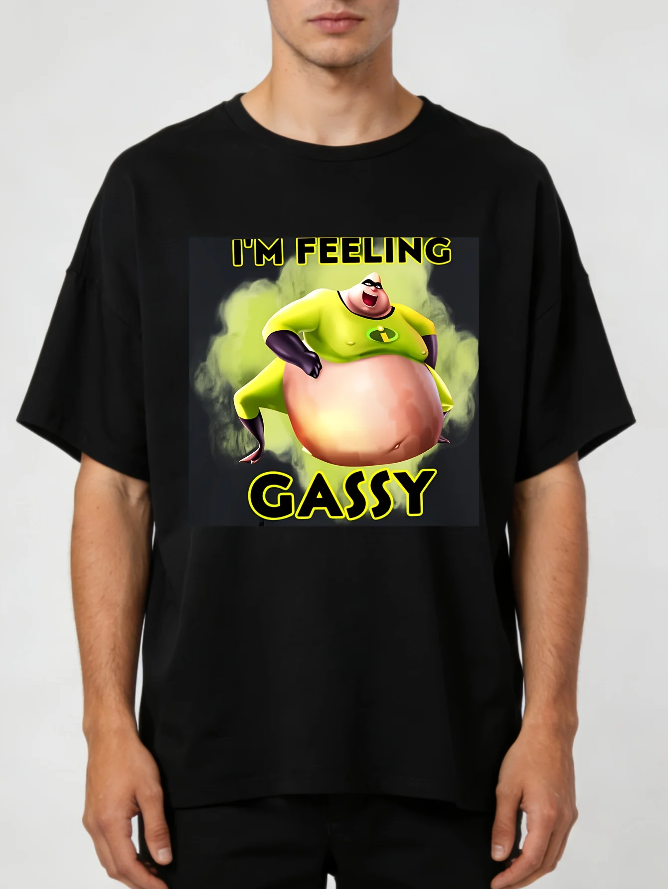 2026 Men'S Humorous Flatulence T-Shirt - Heavyweight Anime Gas Character with 'I'M Feeling Gassy' Slogan - Hot Transfer Print Cr