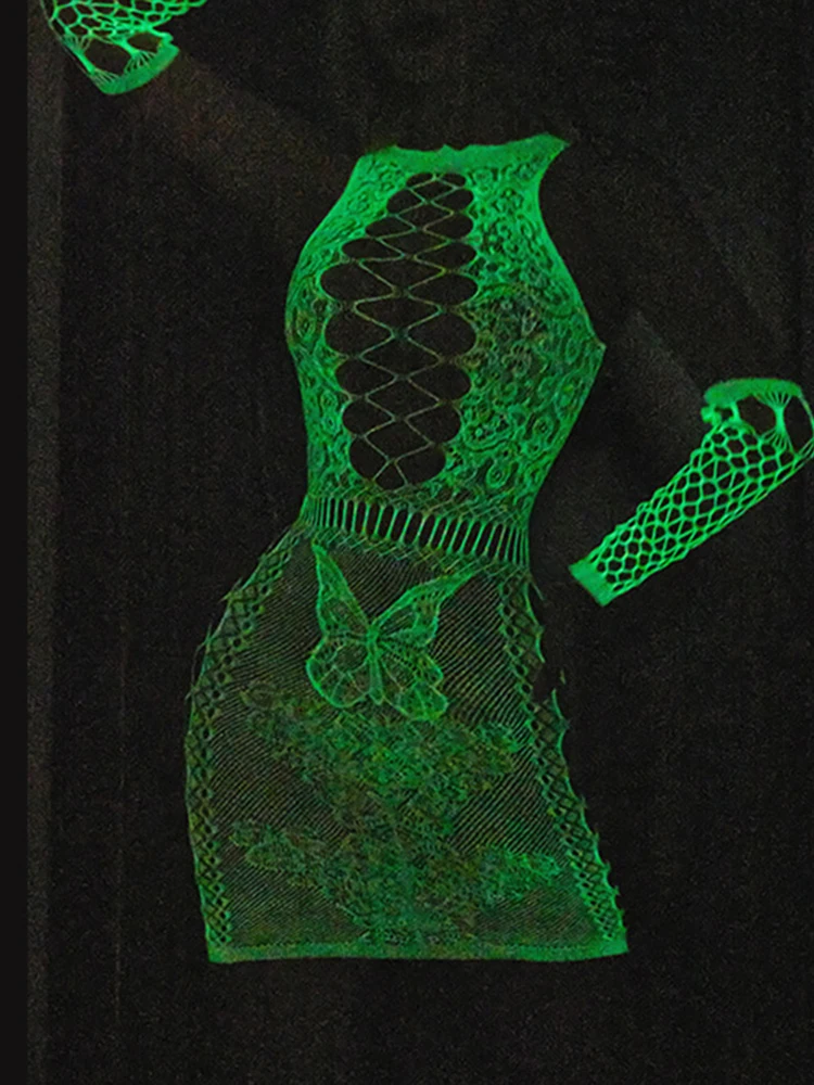 Mini robes moulantes en résille avec gants, ultra mince, brillant dans le noir, motif papillon, découpe, brillant, léger, sexy