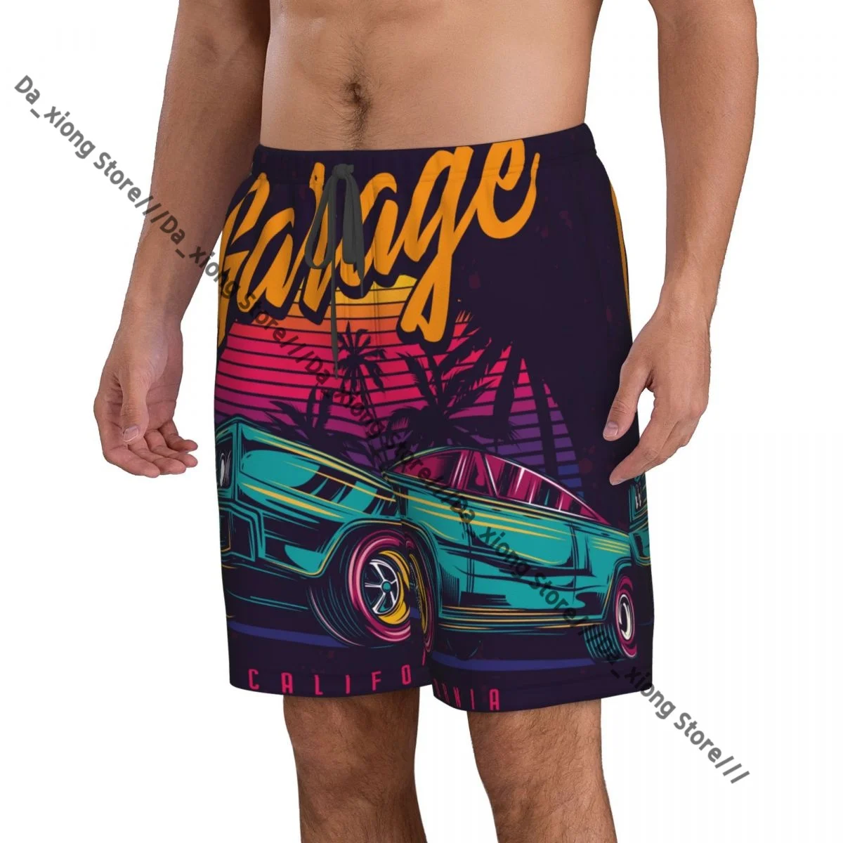 Men Beach Short Quick-drying Swimming Trunk American Muscle Car In Retro Neon Style Swimwear Swimsuit Bathing Shorts