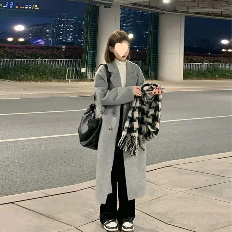 

medium and long woolen coat for women's autumn and winter high-end sense, small Korean over the knee new trench coat woolen