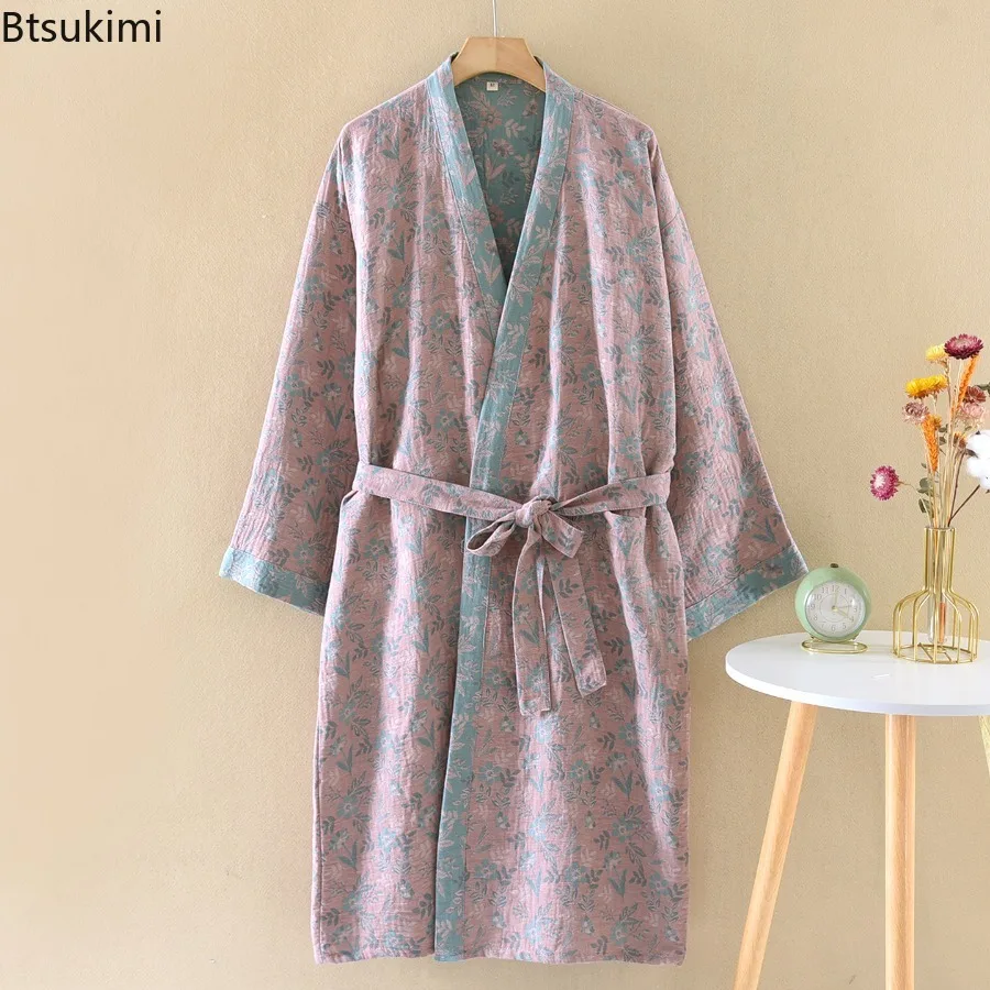 Japanese-style Cotton Yarn Dyed Nightgown Robes for Women Spring Autumn Thin Vintage Jacquard Sleepwear Yukata Kimono Bath Robe