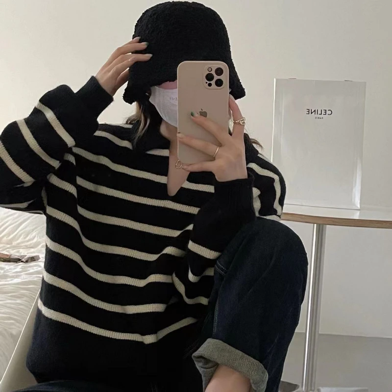 High Collar Sweater Women's Stripe Autumn Winter New Classic Casual Knit Pullover Fashion Student Harajuku Soft Fashion Pullover