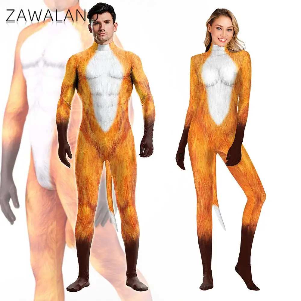 Zawaland Halloween Hele Cosplay Kostuums Animal Volledige Cover Vos 3D Gedrukt Fantasy Catsuit Volwassen Unisex Zentai Pak Bodysuit