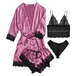 4Pcs Set Lace Women's Long Sleeves Sleeping Skirt Sexy Four Piece Set Pajamas Female Thin Ice Silk with Home Clothing Dress