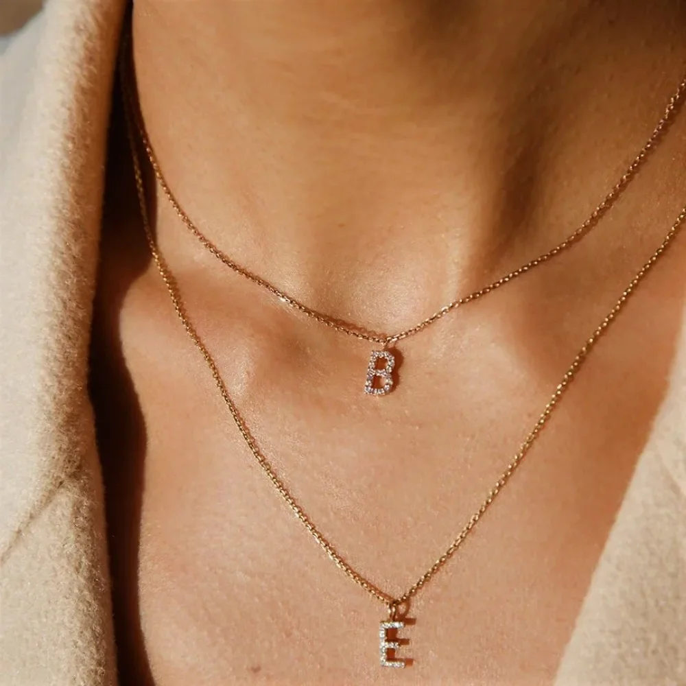 women Stainless Steel Inlay zircon Initial Necklace golden A-Z Letter charms Pendant Alphabet Necklace jewelry