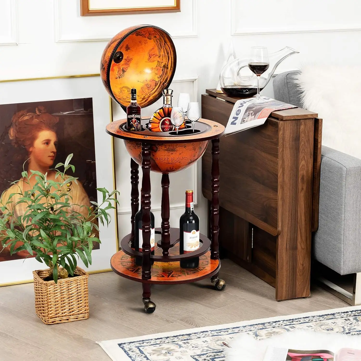 Globe Bar, 17.5” Globe Bar Liquor Cabinet with Wheels, Bottom Shelf, Old World Map, 16th Century Italian Replica Bar Glob