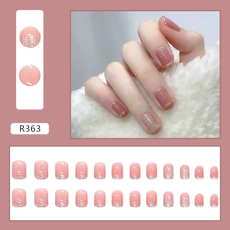 24pcs Glitter Glued False Nails Self-adhesive Aesthetic Press on Nails Sweet Reusable Adhesive Ready-made Artificial Fake Nail