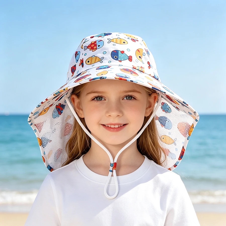 1-piece Cartoon Pattern Scarf Hat for Boys and Girls, Summer Sun Protection Fisherman Hat
