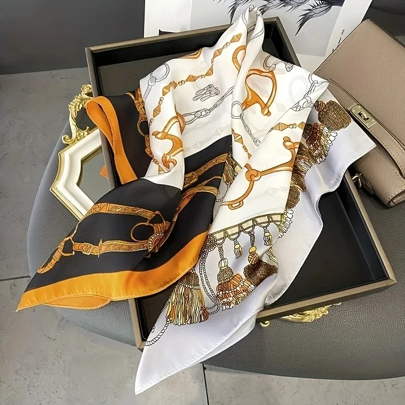 2024 New Chain Tassel Print Square Scarf Thin Breathable Neck Scarf Boho Style Sunscreen Headscarf For Women