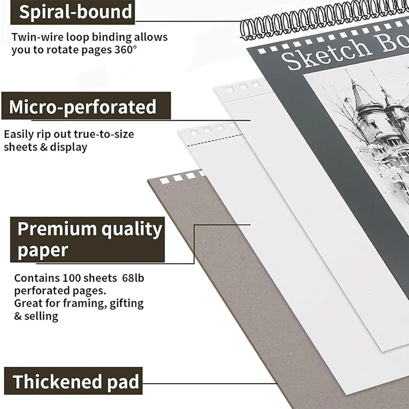 トップスパイラルバウンドスケッチブック、大人、初心者、アーティスト、スケッチのためのアート画用紙