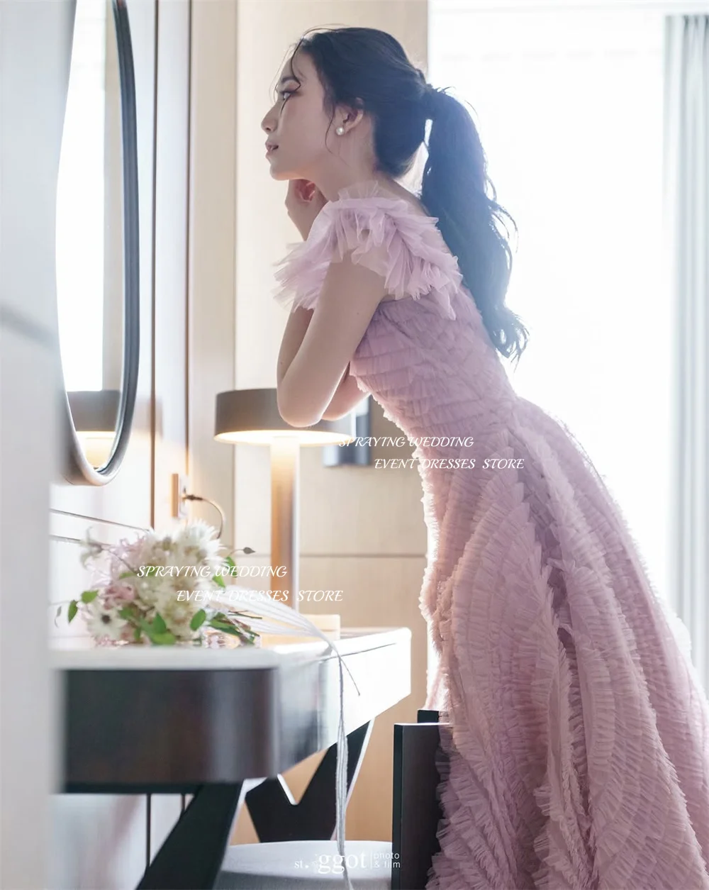 SPRAYING princesa cuello en V vestidos de noche con tirantes Corea sesión de fotos de boda tul una línea vestido de fiesta largo escalonado corsé personalizado