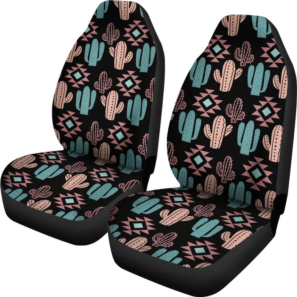 Pastel Turquoise and Rose Cactus Boho Pattern on Black Car Seat Covers,Pack of 2 Universal Front Seat Protective Cover