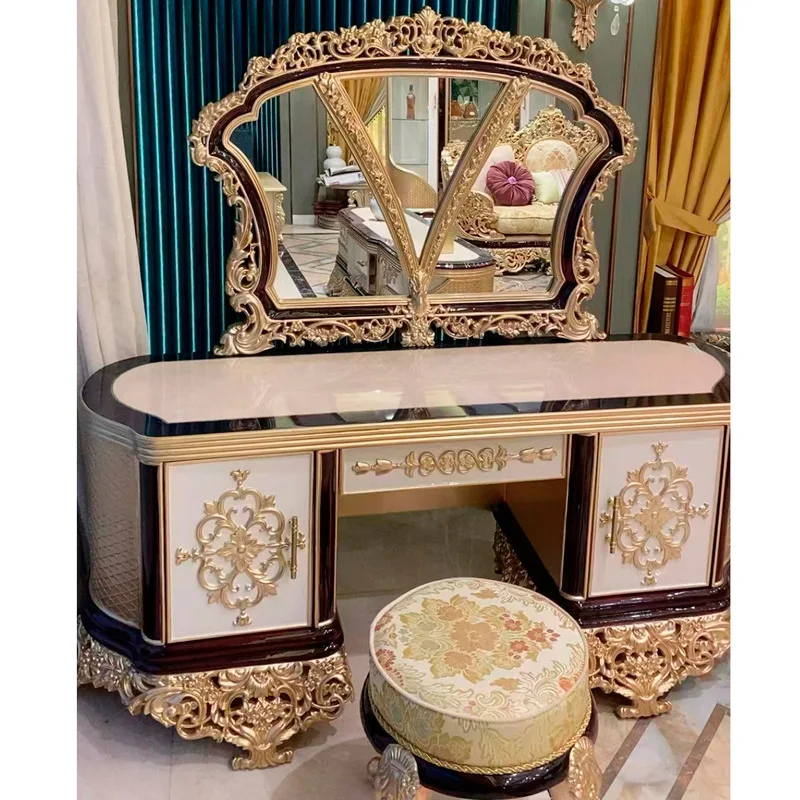 French double bed solid wood carving flower French fabric bed four doors wardrobe dresser fabric bed