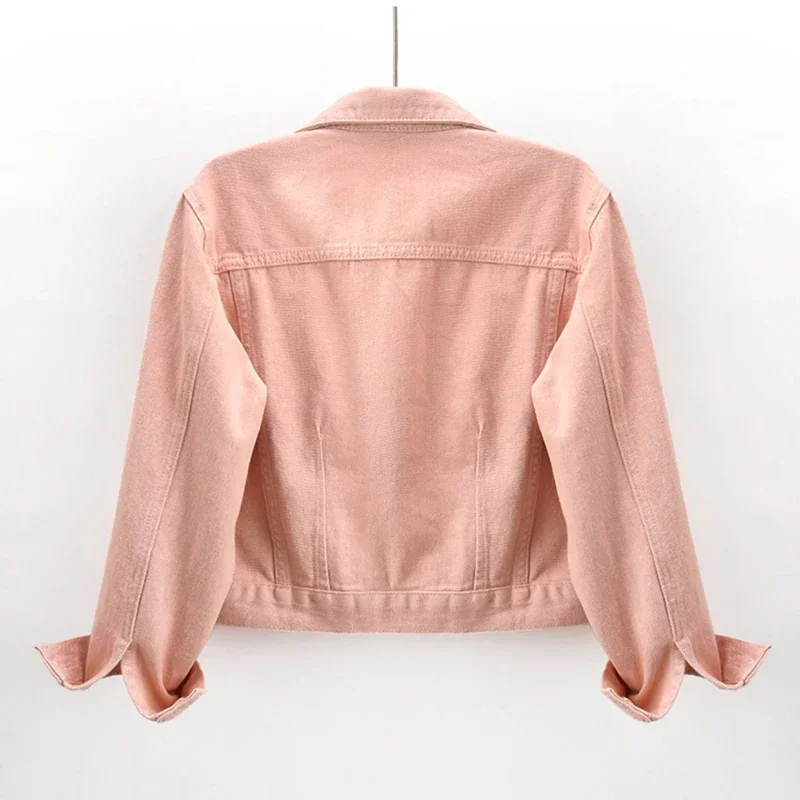 

Korean Fashion Pink Yellow Denim Jacket Women Autumn Pocket Long Sleeve Cowboy Outerwear Slim Short Student Jeans Jacket Female