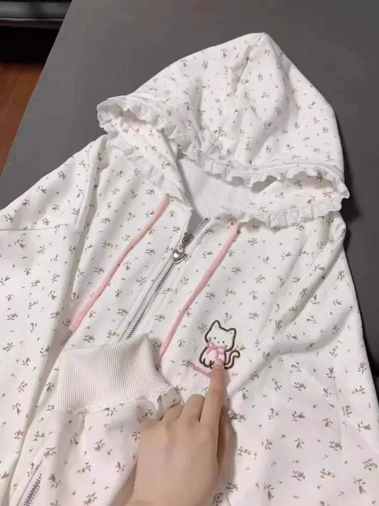 Cat Floral Long Sleeved Zipper Thin Jackets 2025 Spring New Hoodie Coat Women Y2k Casual All-match Tops Mujer Sweatshirt