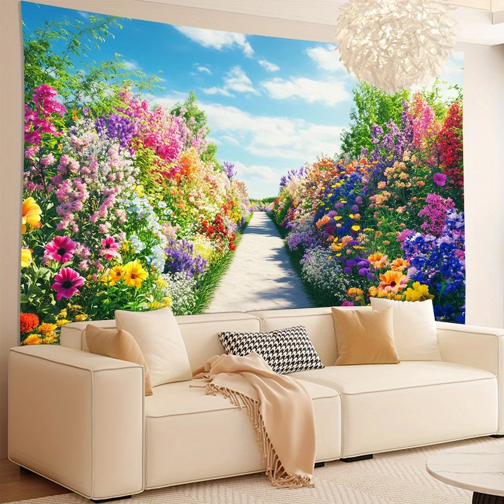 Colorful Flower Garden Tapestry, Sunny Sky Floral Path Nature Landscape Art Print Wall Cloth,Fresh Decor For Bedroom Home Indoor